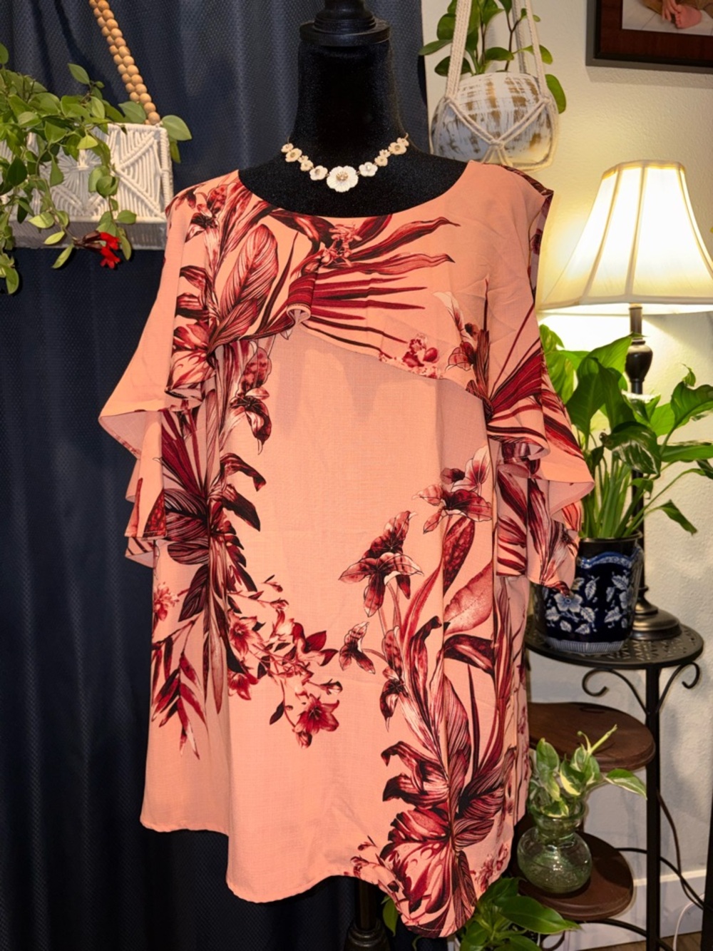 Liz Claiborne Peach Blouse with Floral Print Cold Shoulder Flowy Sleeves